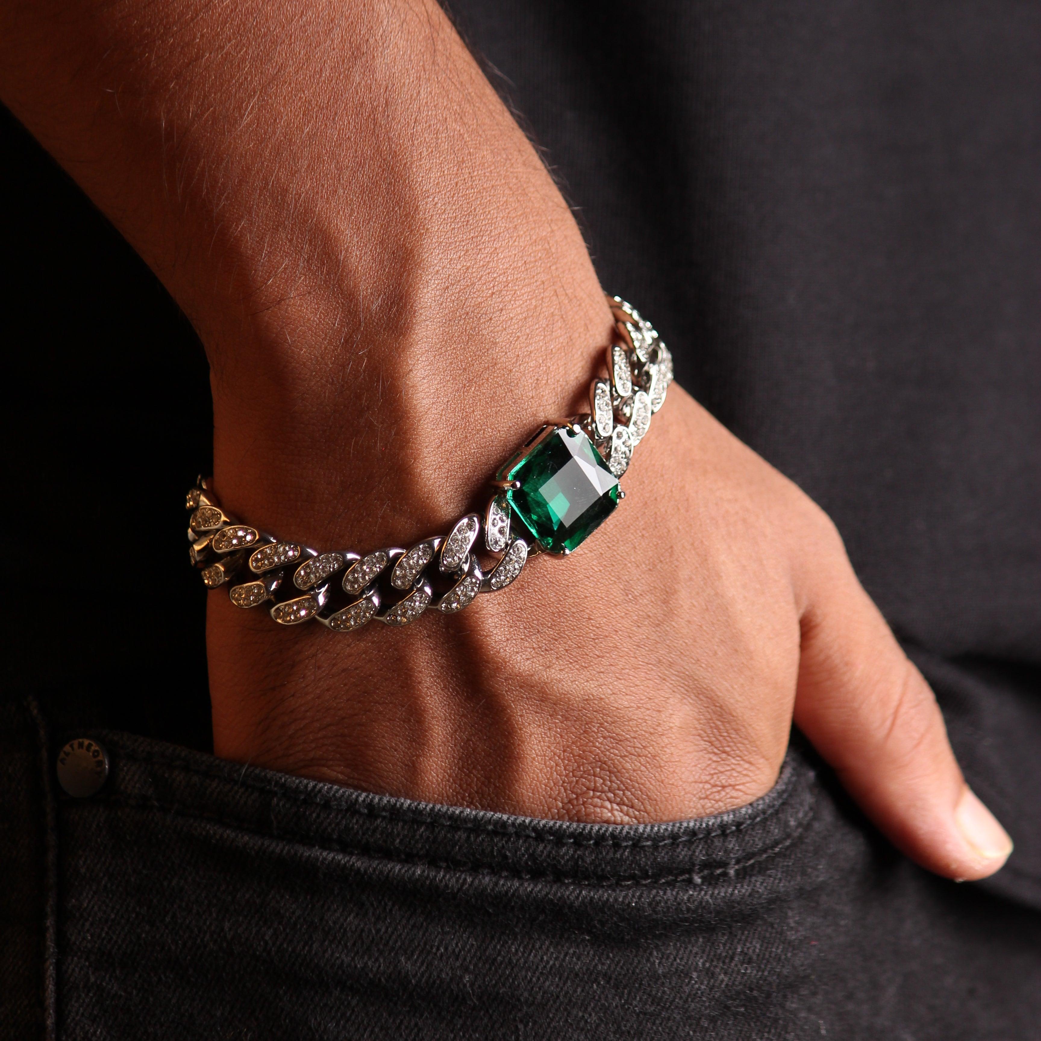 Emerald Pave Cuban Silver Bracelet - Local Pitara