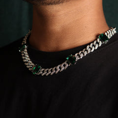 Oval Emerald Silver Cuban Chain - Local Pitara